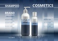 Shampoo and soap realistic bottles. Mockup 3D illustration. Cosmetic package ads template. Sparkling background colors