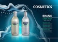 Shampoo and soap realistic bottles. Mockup 3D illustration. Cosmetic package ads template. Water effect Sparkling