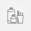 Shampoos and a glass with a toothbrush vector line icon