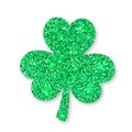 Shamrock clover leaf made of green glitter isolated on white. Saint Patricks day symbol. Vector template for St. Patrick party