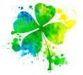 Shamrock four-leaf lucky clover, symbol of Ireland, in colorful watercolor splash over white background, generative AI Royalty Free Stock Photo