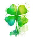 Shamrock four-leaf clover, symbol of St Patrick\'s day, isolated on white background, generative AI watercolor illustration