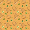 Shamrock and harp watercolor seamless pattern isolated on beige background. Green clover hand drawn. Painted lucky Royalty Free Stock Photo