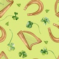 Shamrock and harp watercolor seamless pattern isolated on green background. Green clover hand drawn. Painted lucky Royalty Free Stock Photo