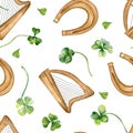 Shamrock and harp watercolor seamless pattern isolated on white background. Green clover hand drawn. Painted lucky Royalty Free Stock Photo