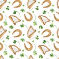 Shamrock and harp watercolor seamless pattern isolated on white background. Green clover hand drawn. Painted lucky Royalty Free Stock Photo