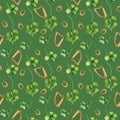 Shamrock and horseshoes watercolor seamless pattern isolated on dark background. Painted clover and harp. Hand drawn Royalty Free Stock Photo