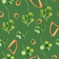 Shamrock and horseshoes watercolor seamless pattern isolated on green background. Painted clover and harp. Hand drawn Royalty Free Stock Photo
