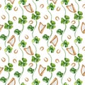 Shamrock and horseshoes watercolor seamless pattern isolated on white background. Painted clover and harp. Hand drawn Royalty Free Stock Photo
