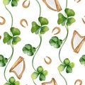 Shamrock and horseshoes watercolor seamless pattern isolated on white background. Painted clover and harp. Hand drawn Royalty Free Stock Photo