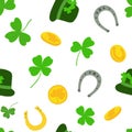 Shamrock leaves, coin, Ireland map, hat, horse shoe, cauldron vector illustration set, a symbol of a national identity