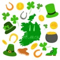 Shamrock leaves, coin, Ireland map, hat, horse shoe, cauldron vector illustration set, a symbol of a national identity