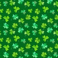 Shamrock leaves watercolor seamless pattern. Green four leaf clovers and trefoils, St Patrick day aquarelle texture