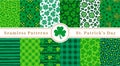 Shamrock and lucky clover seamless pattern set, St. Patrick's Day green background. Leopard print, Buffalo plaid Royalty Free Stock Photo