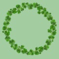 Shamrock Watercolor Wreath on Green Background. St.Patrick`s Day Wreath. Irish Good Luck Green on Green Charm.