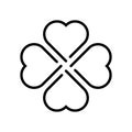 Shamrock silhouette - black outline four leaf clover icon. Good luck theme design element. Simple geometrical shape