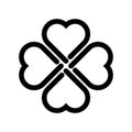 Shamrock silhouette - black thick outline four leaf clover icon. Good luck theme design element. Simple geometrical