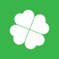 Shamrock silhouette - white four leaf clover icon on green background. Good luck theme design element. Simple