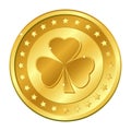 Shamrock. Three-leaf clover gold coin with stars. Saint Patrick`s day. Irish. Lucky. Vector illustration Royalty Free Stock Photo