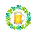 Shamrock wreath with beer pint watercolor raster illustration