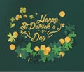 Shamrocks and coins with happy st patricks day lettering