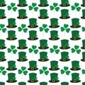 Shamrocks and Leprechaun hat with ribbon buckle seamless pattern design concept for St. Patricks Day