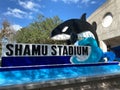 The Shamu Stadium sign outside of the ampitheater at SeaWorld Orlando, Florida Royalty Free Stock Photo