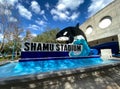 The Shamu Stadium sign outside of the ampitheater at SeaWorld Orlando, Florida Royalty Free Stock Photo