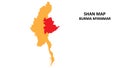 Shan State and regions map highlighted on Burma myanmar map