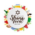 Shana Tova calligraphy hand lettering with traditional symbols of Rosh Hashanah Jewish New Year . Easy to edit vector template for