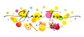 Shana Tova elegant lettering with colored circle, honey, apple and pomegranate