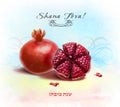 Shana Tova! New Year Rosh Hashanah Red Pomegranates. Watercolor