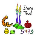 Shana Tova 5779 inscription Hebrew translation of the Good Year. Candles, shofar, pomegranate, apple, honey, Rosh Hashanah.