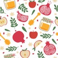 Shana tova seamless pattern. Jewish new year rosh hashanah, repeating tile. Holiday symbols pomegranate, apples and honey jar Royalty Free Stock Photo