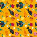 Shana Tova seamless pattern. Rosh Hashanah holiday. Repeating traditional items. Fish and bird. Wine goblet. Pomegranate