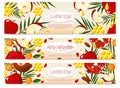 Shana Tova. Set of new year banners with honey, shofar, apple, pomegranate, carrot, palm. Happy New Year in Israeli. Royalty Free Stock Photo