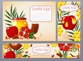 Shana Tova. Set of new year banners with honey, shofar, apple, pomegranate, fish, carrot, palm. Happy New Year in