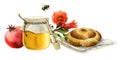 Shanah Tovah Rosh Hashanah symbols horizontal greeting banner with honey, challah, pomegranate watercolor illustration
