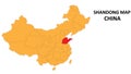 Shandong province map highlighted on China map with detailed state and region outline