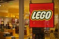 Close up LEGO store sign in toy store