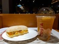 Shanghai, China - Aug 14 2016: Panini and iced lemon tea in Costa Coffee. Royalty Free Stock Photo