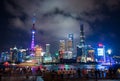 Shanghai, China - August 7, 2019: Busy Shanghai downtown with tourists enjoying the skyline with amazing skyscrapers