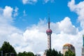 Shanghai, China - August 8, 2019: Oriental Pearl TV Tower in Shanghai modern downtown area of this Chinese metropolis