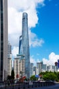 Shanghai, China - August 8, 2019: Shanghai Tower rising above modern downtown area with skyscrapers at day time