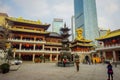 SHANGHAI, CHINA - 29 JANUARY, 2017: Beautiful temple building with golden roof sorrounding ancient plaza with very nice