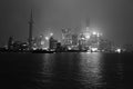 Nightscape of the bund with the fog or mist cover the bund in the winter season,shanghai china,black white tone