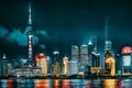 SHANGHAI, CHINA - MAY 24, 2015: Beautiful and office skyscrapers,night view city building of Pudong, Shanghai, China. Most modern Royalty Free Stock Photo