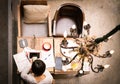 SHANGHAI, CHINA - MAY, 2018: Businesswomen texting customer via smartphone in coffee shop, top view