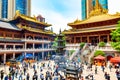 Shanghai, China - May, 2019: Interior of famous buddhist Jing An Temple in Shanghai, China. Sunny day