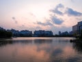 Many Shanghai skyscrapers with small lake